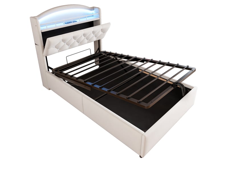  Lit coffre 90x200 cm avec rangement à vérin et led, velours, beige, sans matelas  - Conforama D