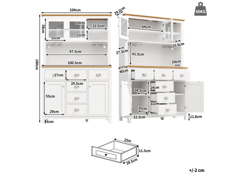  Buffet de cuisine 104x40x180 cm avec led,4 portes et 6 tiroirs, coloris blanc  - Conforama C