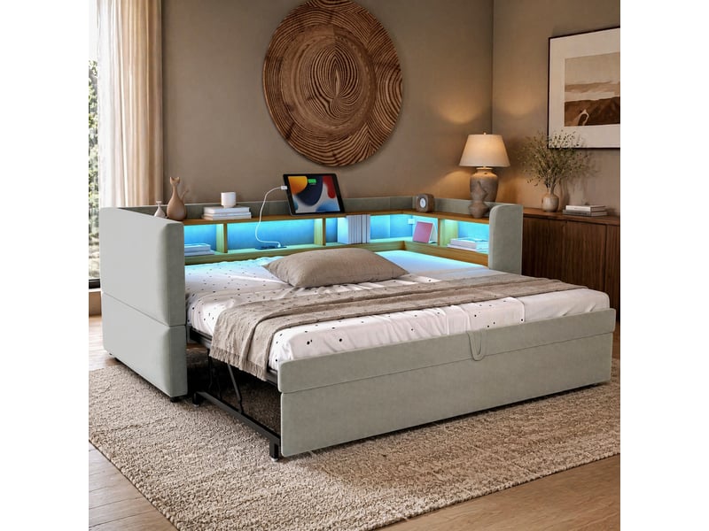  Canapé-lit extensible 90180 x 190 cm gris clair avec led, prises et rangements  - Conforama D