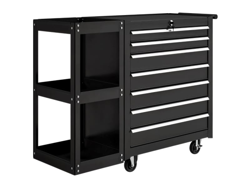  Chariot d'atelier avec 7 tiroirs, servante à outils mobile noire, étagère latérale amovible, 4 roues freinées, 96x33,5x75 cm  - Conforama A