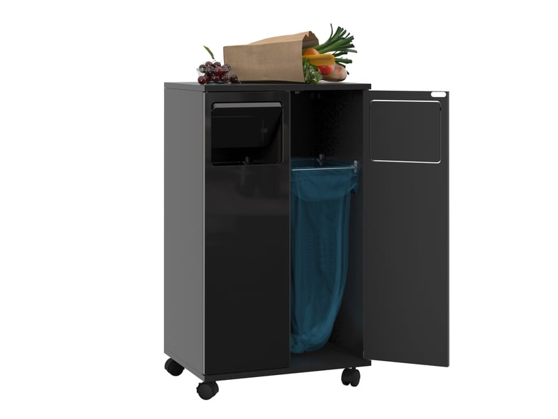  Meuble de tri des déchets modenvie 2 compartiments à roulettes 46,7 x 35 x 80 cm mdf noir brillant  - Conforama A