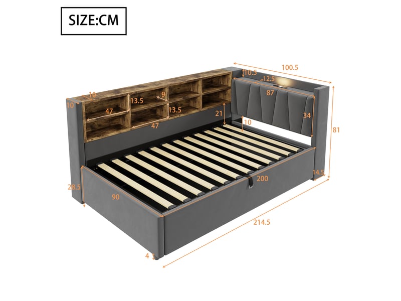  Lit coffre enfant 90x200 cm, led, usb type-c, étagères, rangement, sommier, velours gris foncé, sans matelas  - Conforama C