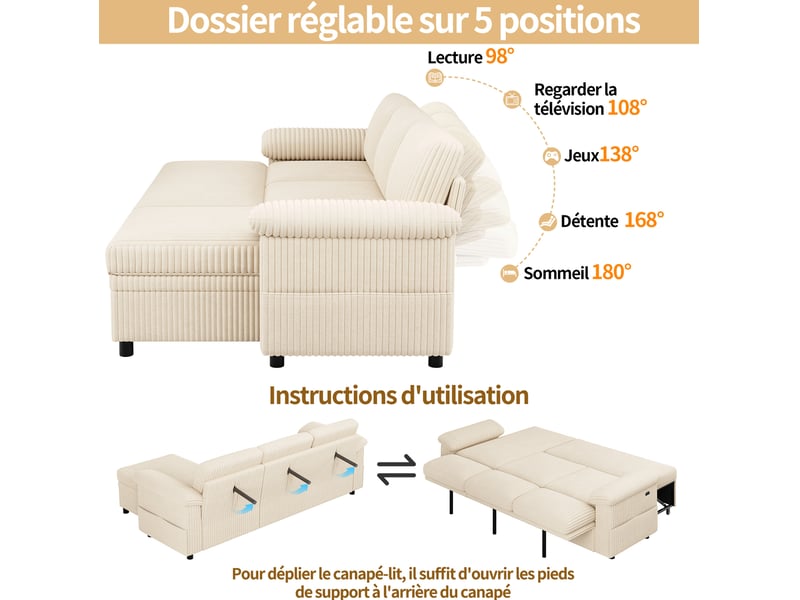 Canapé d'angle convertible avec méridienne réversible, coffre, dossier réglable, ports usb et usb-c, velours côtelé beige - Conforama E