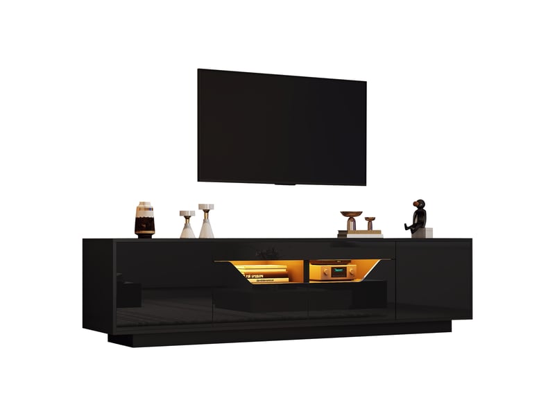Meuble tv avec 2 portes à ouverture par pression, 2 tiroirs, led et 2 niches de rangement pour salon, 180×40×45 cm, noir - Conforama A