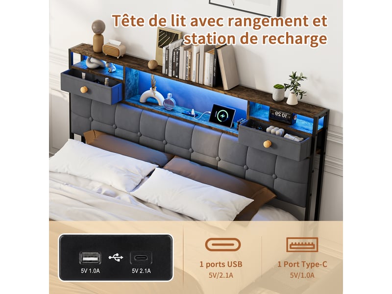  Lit double 160x200 cm avec coffre de rangement,led, usb et type-c, tête de lit de rangement, hydraulique, velours gris  - Conforama E