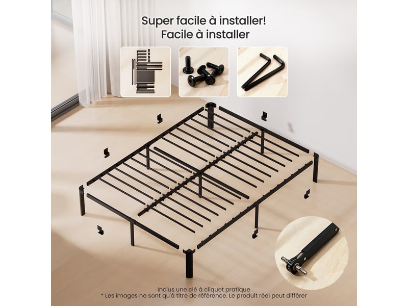  Lit 140 x 190 avec sommier, cadre de lit métallique, lit double, grande capacité de rangement sous le lit, structure robuste et silencieuse, antidérapant, charge maximale 500 kg, noir  - Conforama D