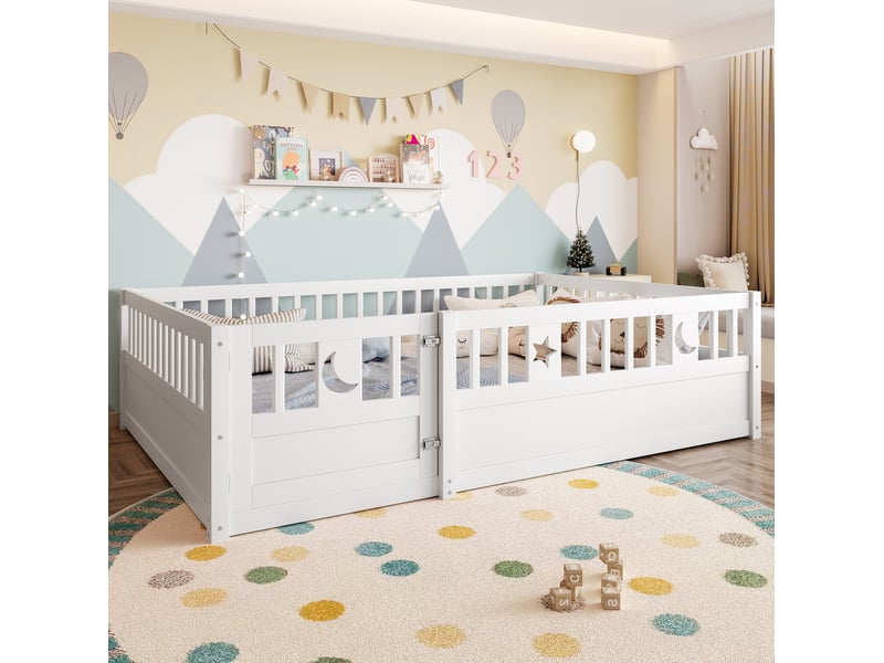  Lit enfant 140 x 190 cm avec barrière verrouillable, étoiles et lune, blanc  - Conforama E