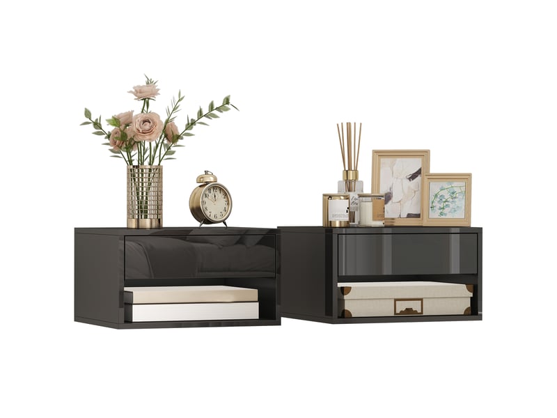  Ensemble de 2 tables de chevet suspendues avec tiroir pour chambre à coucher, 37 x 32 x 21 cm, noir brillant  - Conforama A