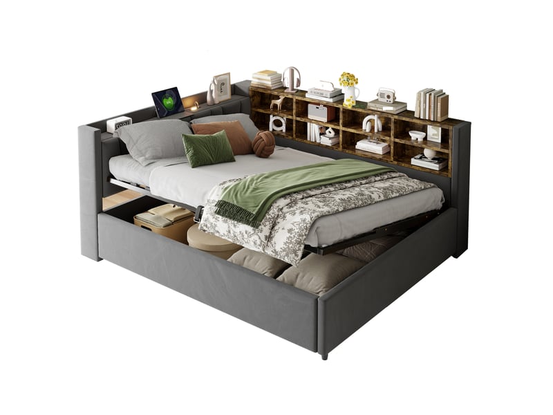  Lit coffre double 140x200 cm avec rangement, usb et type-c gris foncé  - Conforama A