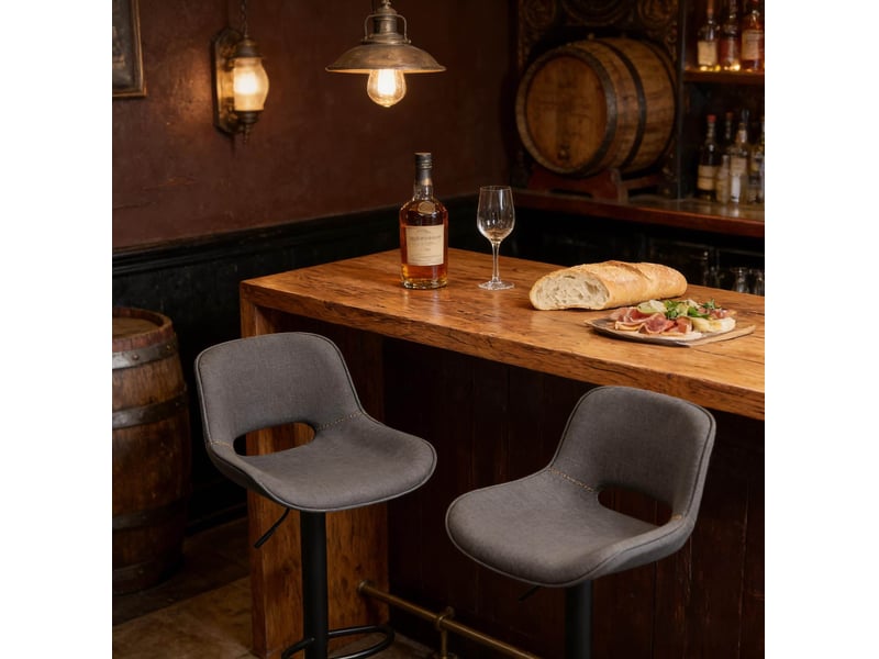  Tabouret de bar réglable et pivotant à 360° avec dossier et repose-pieds, lot de 2 en lin gris  - Conforama E
