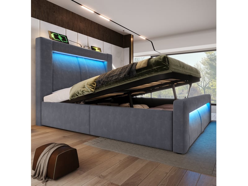 Lit coffre enfant 90x200cm rangement led prises usb type-c recharge rapide tête incurvée velours gris sans matelas - Conforama D
