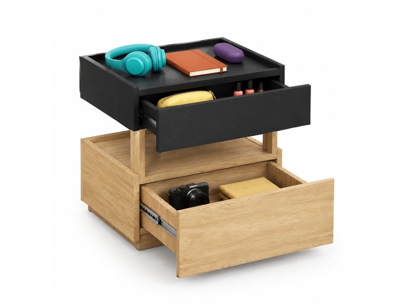  Table de chevet intelligente 50 x 40 x 50 cm, charge sans fil, led, 2 tiroirs noir bois  - Conforama A
