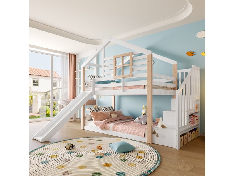  Lit superposé enfant 90x200 cm avec toboggan et escalier de rangement en bois blanc  - Conforama B