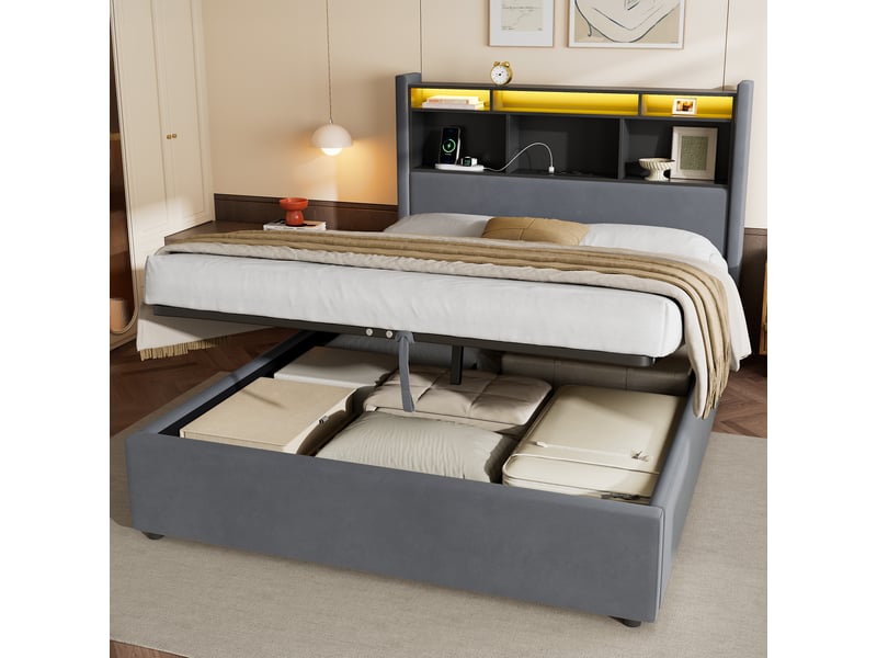  Lit simple 140×190 cm, led, prises et rangements ouverts en tête de lit, lit rembourré avec veilleuse, sans matelas - gris  - Conforama B