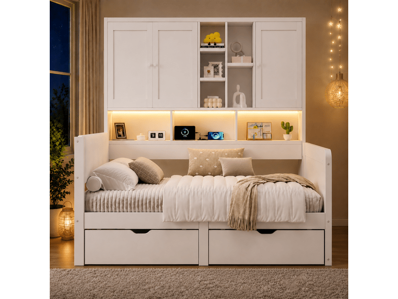  Lit enfant 90x200 avec rangement mdf blanc - tête rembourrée pu led usb  - Conforama B