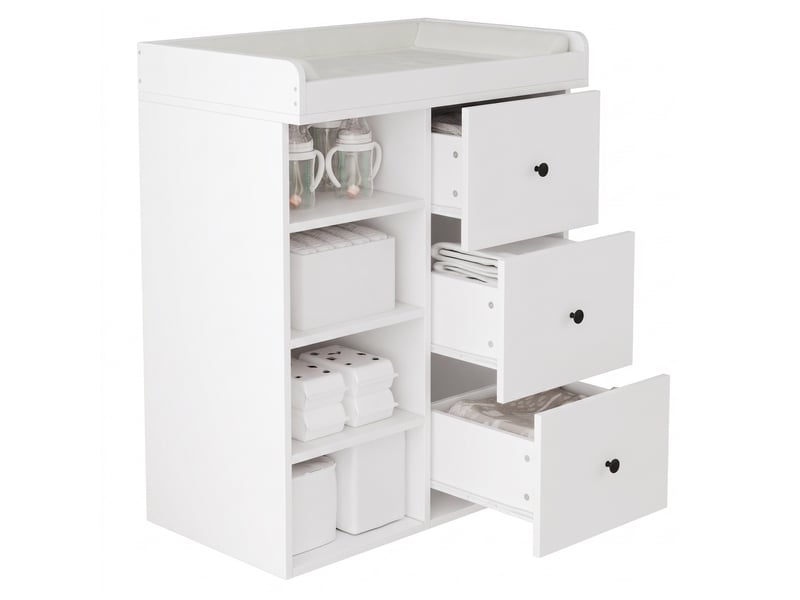 Commode à langer - 82 x 50 x 100 cm - commode à langer avec plan à langer, 3 tiroirs et étagères ouvertes - blanc - Conforama A
