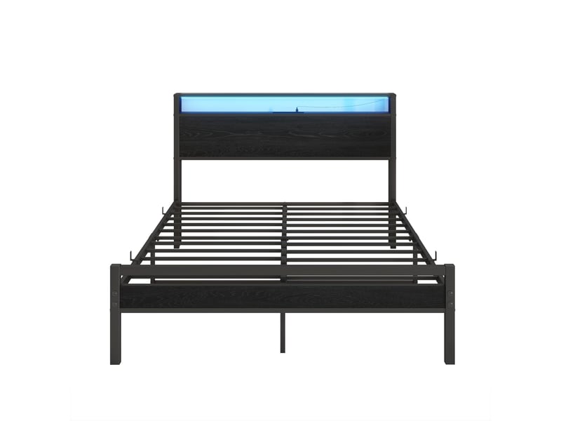  Lit coffre, lit double 140x200 cm, tête de lit avec rangement, led, usb, métal et bois noir  - Conforama B