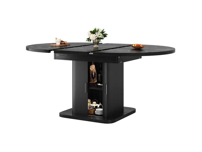 Table à manger ovale extensible 110-149,8x110x75 cm avec rangement noir mat - Conforama A