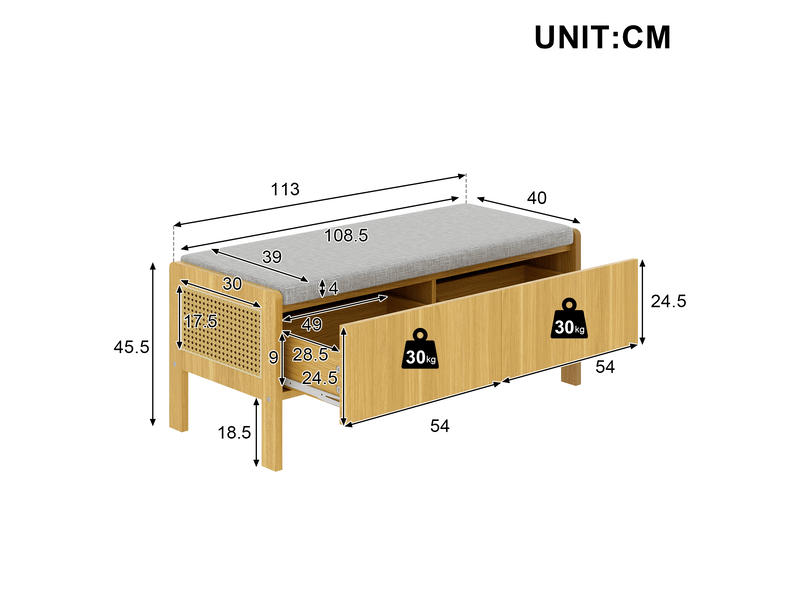  Banc à chaussures rattan naturel 113x45,5x40 cm avec 2 tiroirs  - Conforama C