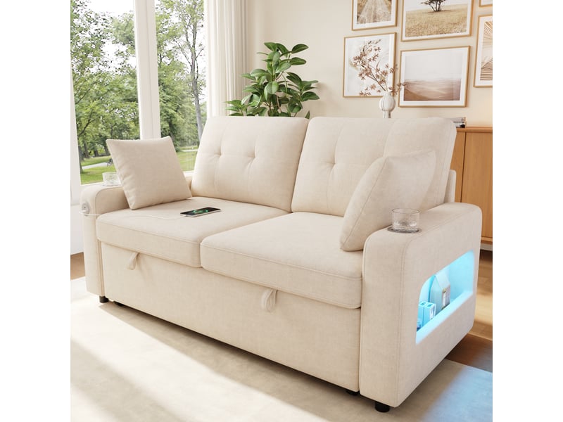  Canapé convertible 2 places 141,5x131x83,5 cm avec led, usb et usb-c, porte-gobelets, rangements accoudoirs, 2 coussins, chenille beige  - Conforama D