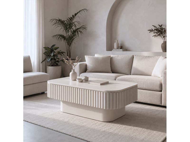  Table basse rectangulaire l98 x p60 x h35 cm en mdf avec placage en bois, rangement caché, crème chicfurn  - Conforama B