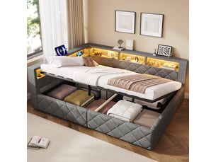 Lit coffre 140x200 cm avec rangement hydraulique, tête de lit avec étagère, LED RGB réglable et port USB, lit rembourré en lin - Gris