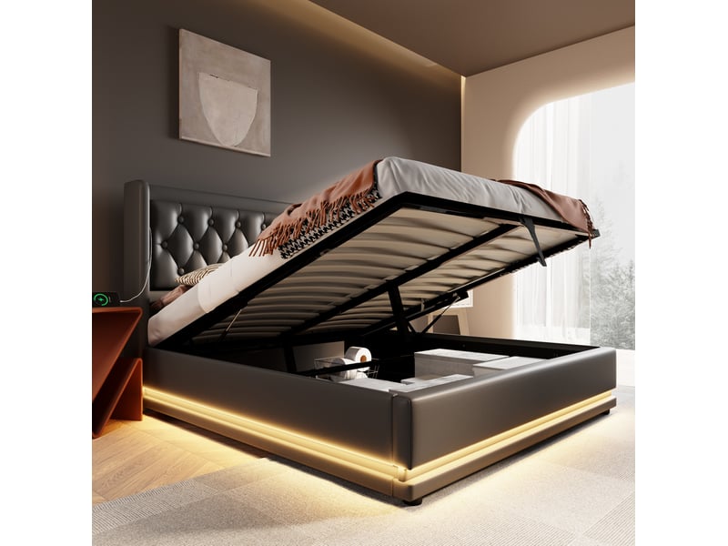  Lit double coffre hydraulique 180 x 200 cm noir en pu avec led et ports usbtype-c, sans matelas  - Conforama C