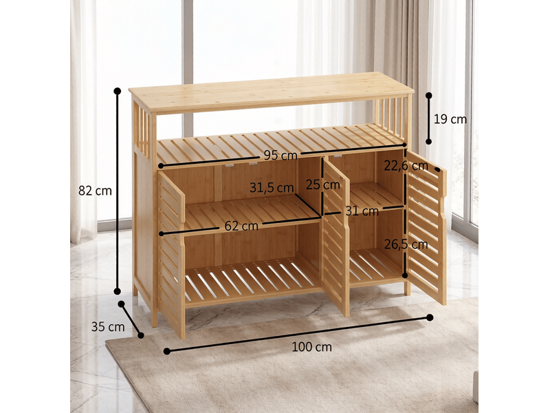 Buffet 100w x 35d x 82h cm en bambou à 3 portes et étagère ouverte naturel chicfurn - Conforama D