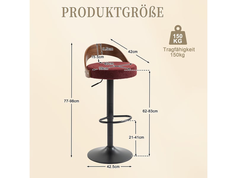  Lot de 2 tabourets de bar pivotants à hauteur réglable - lpospi - dossier ergonomique, lin, rouge vin  - Conforama D