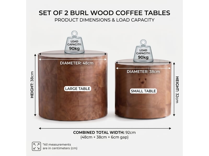  Lot de 2 tables basses gigognes - ø48x38cm et ø38x32cm - tables rondes tambour en bois motif loupe salon - marron  - Conforama E