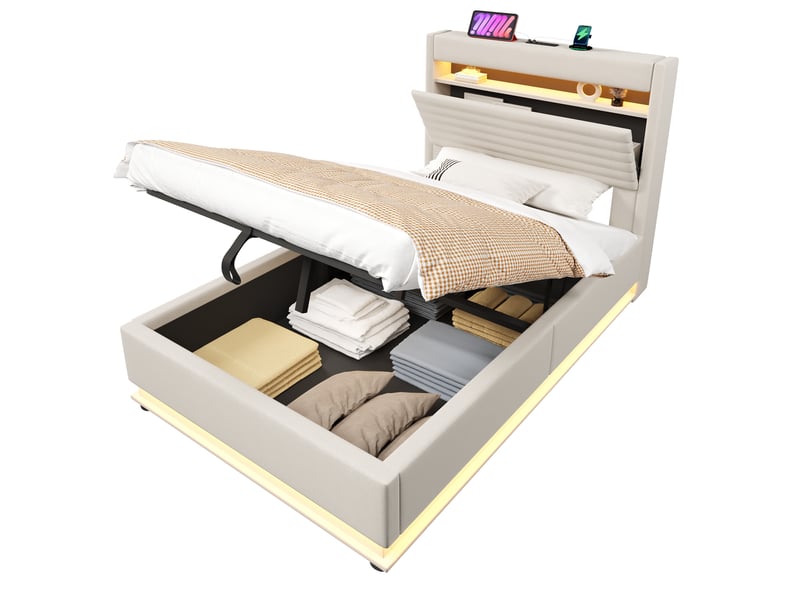Lit coffre rembourré 90x200 cm, rangement hydraulique, led, usb-c, compartiment de rangement rabattable, lin, mdf et contreplaqué, beige OMNIGLINT TRADING LTD - Conforama A