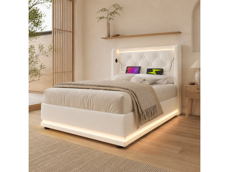  Lit coffre simple 90x200 cm en similicuir blanc avec usb, type-c et led 3 côtés, sans matelas  - Conforama C