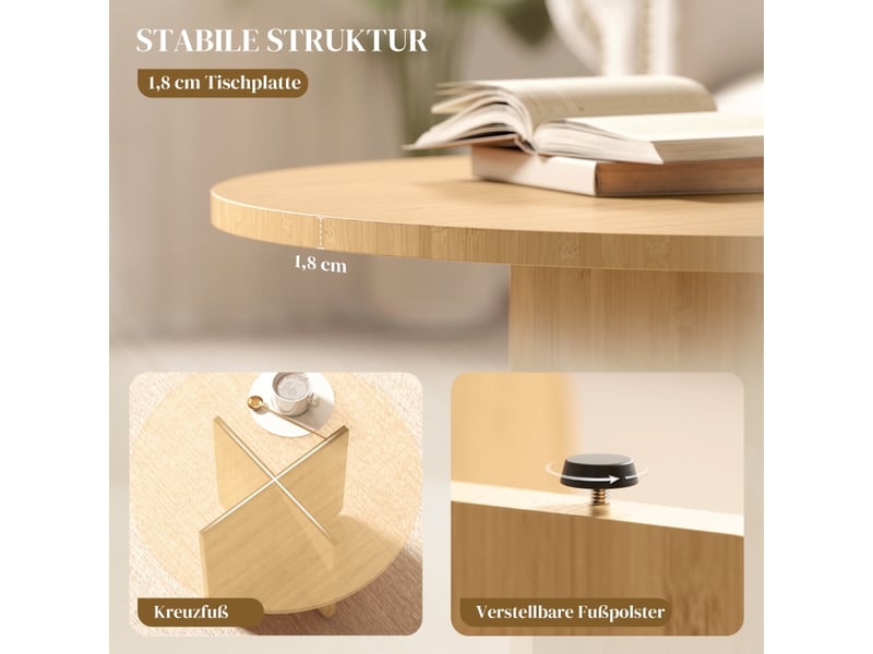  Table basse ronde avec pieds réglables - lpospi - plateau en bambou, piètement croisé bois naturel, 66 × 66 × 45 cm  - Conforama E