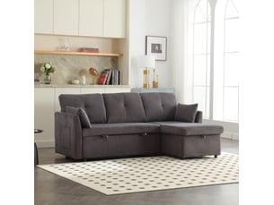 Canapé d'angle réversible convertible <strong>FLORAGRACE</strong> <strong></strong> 3 places Velours côtelé gris avec coffre de rangement