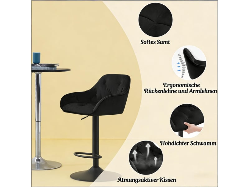  Tabouret de bar pivotant réglable en hauteur avec dossier, repose-pieds et assise rembourrée, en velours noir  - Conforama E