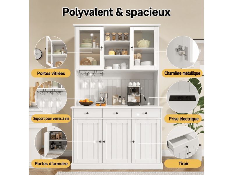  Buffet haut 120x40x191 cm avec portes vitrées, porte-verres, tiroir et rangement réglable, prises usb-c et usb-a, blanc OMNIGLINT TRADING LTD - Conforama D
