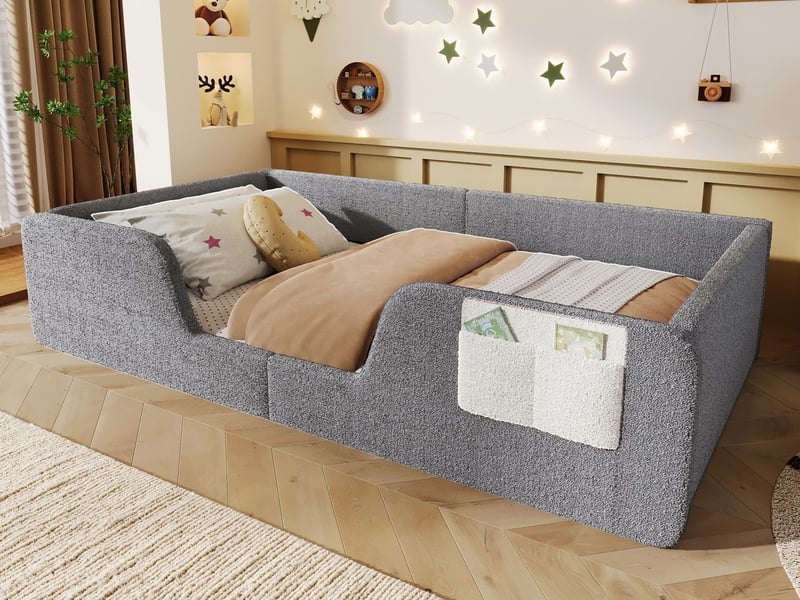  Lit rembourré, 90 x 190 cm, barrières de sécurité amovibles, poche de rangement intégrée en tissu, velours unique, gris  - Conforama B