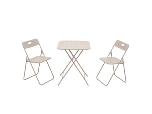 Salon de jardin pliant 3 pièces 60 x 60 cm beige en acier, table et 2 chaises, usage extérieur et intérieur