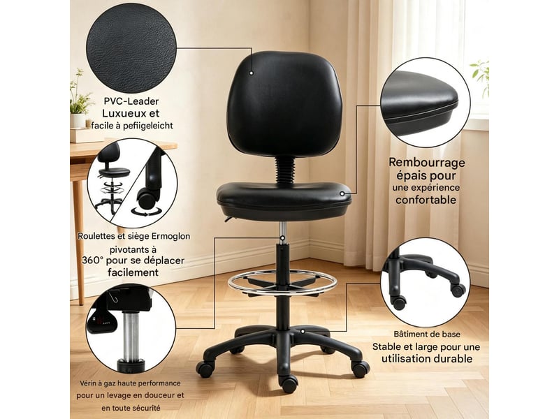  Tabouret de bureau haut pivotant réglable en hauteur avec repose-pieds noir T5828P566720 - Conforama E