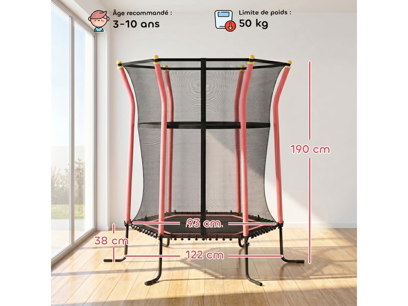  Trampoline pour enfant 1,22 x 1,11 x 1,9 m filet de sécurité porte zippée 6 poteaux rembourrés inclus rouge noir  - Conforama C