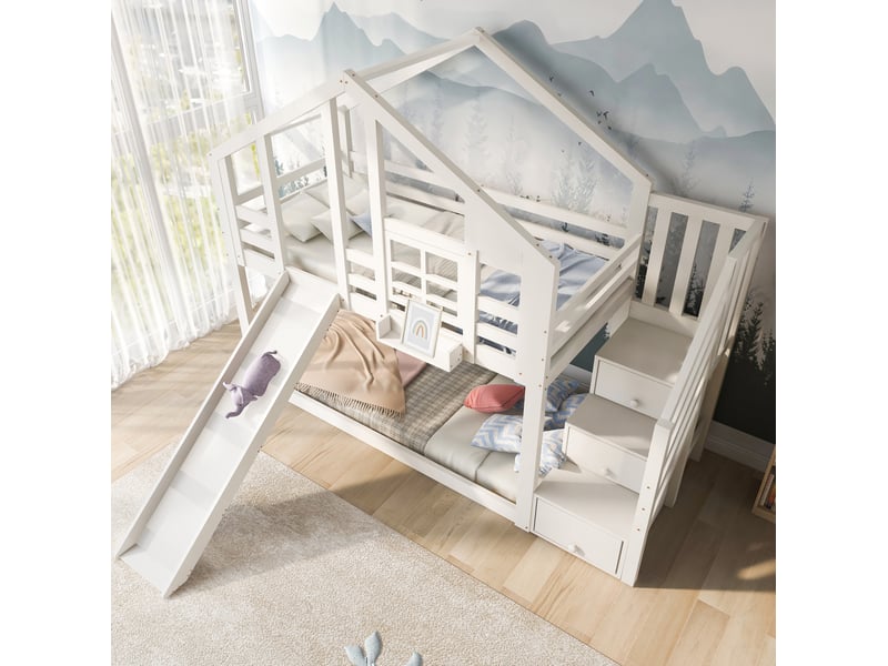  Modenvie lit superposé cabane enfant 90x200 cm - avec toboggan et rangements, sans matelas - blanc  - Conforama E