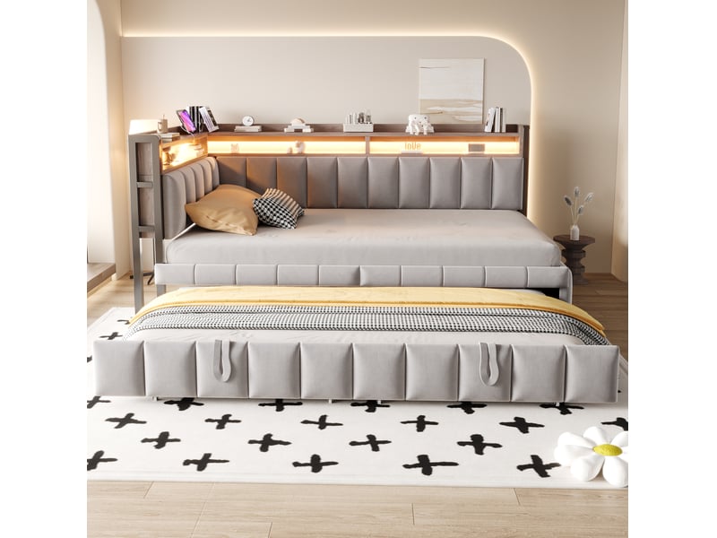 Canapé-lit 90x200 cm en velours gris clair avec lit gigogne, led réglable, rangements, usb et type-c, sans matelas - Conforama E