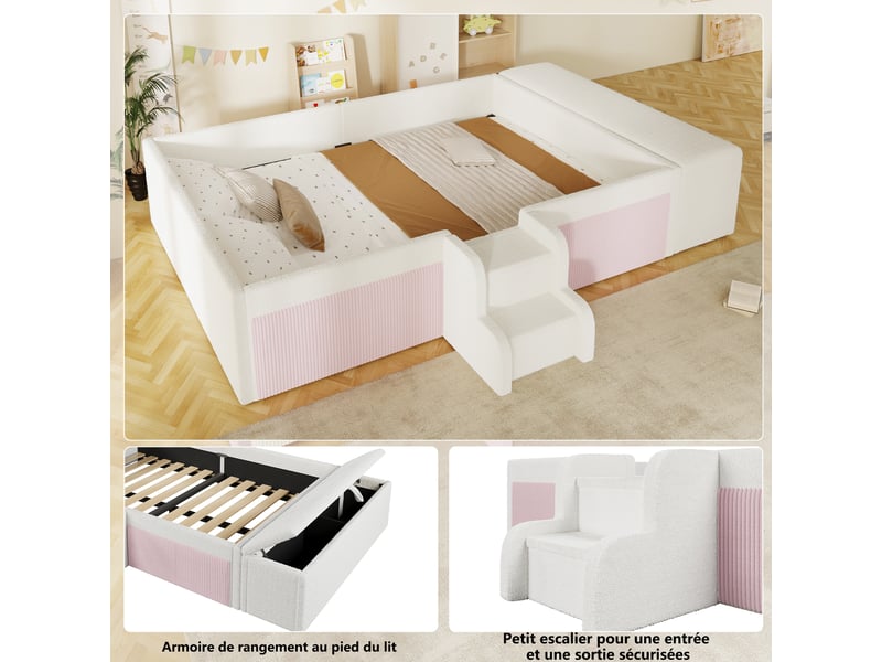  Lit enfant capitonné 140 x 190 cm – avec petite marche – espace de rangement inclus – revêtement façon laine d’agneau – blanc (matelas non inclus)  - Conforama W
