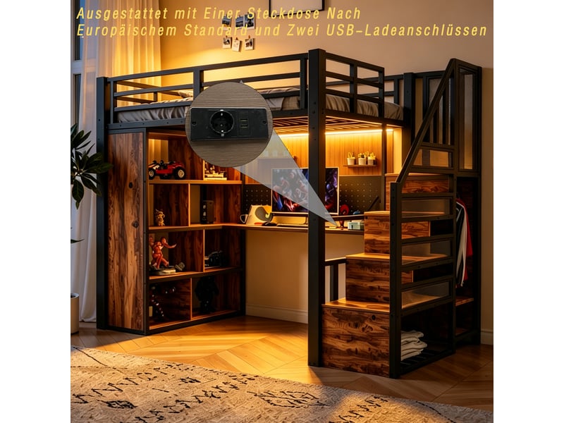  Lit enfant 90x200 cm avec éclairage led, lit mezzanine en métal avec armoire et bureau, lit simple, lit 1 personne, noir  - Conforama E