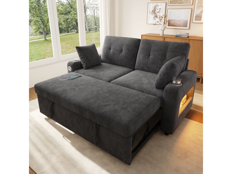 Canapé-lit convertible 2 places en chenille, avec led, usbusb-c, porte-gobelets, rangements dans les accoudoirs et 2 coussins - gris - Conforama B