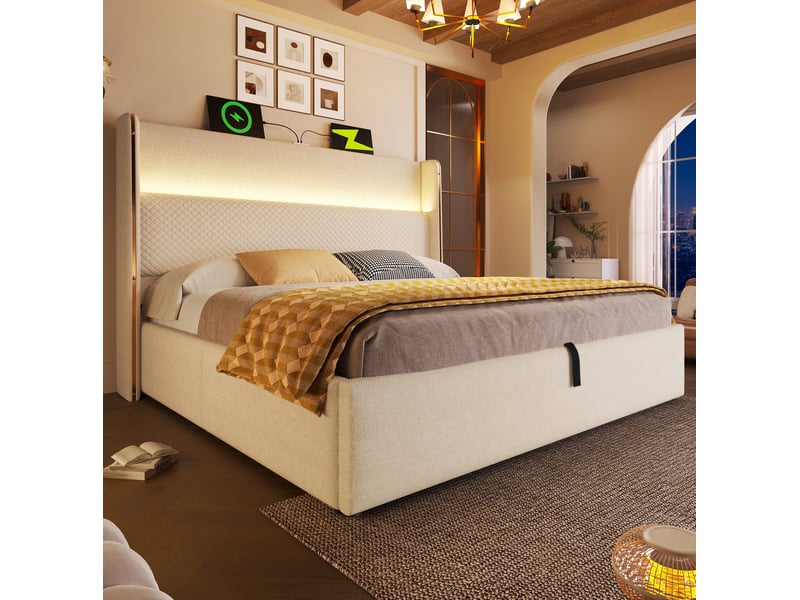  Lit coffre capitonné 180×200 cm avec rangement, led et usb type-c, tissu aspect lin, beige, avec matelas  - Conforama D
