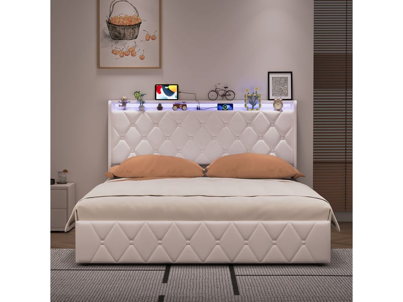  Lit coffre 140x200cm - lit double 140x200 et sommier - lit 140x200 avec tête de lit led, prises usbtype-c - beige  - Conforama B
