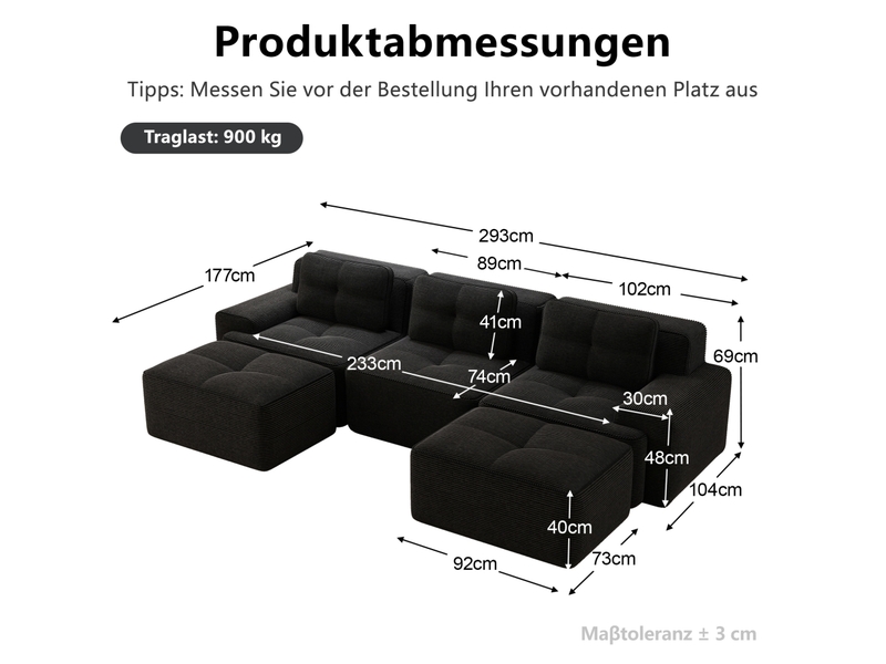  Canapé modulaire en u 3 places avec ottoman en velours côtelé noir  - Conforama E