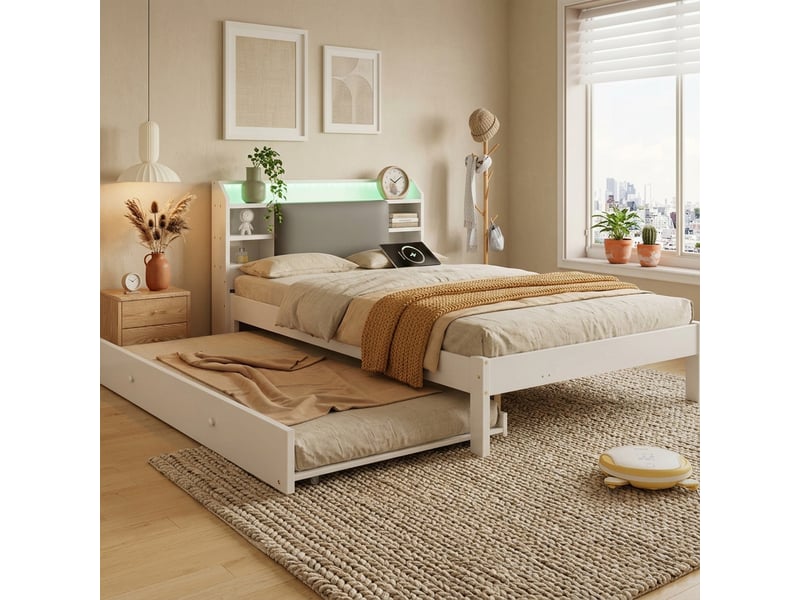 Lit gigogne 120x200 cm, lit enfant, couchage gigogne extensible, étagères, led, tête de lit rembourrée, bois blanc - Conforama R
