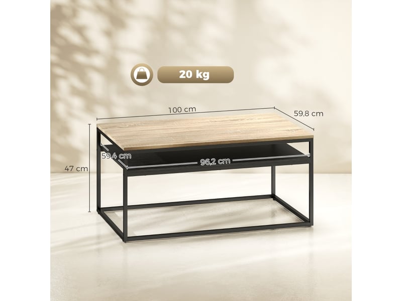  Table basse à 2 niveaux avec rangement pour salon en panneaux de particules et métal 100×59,8 cm chêne  - Conforama D